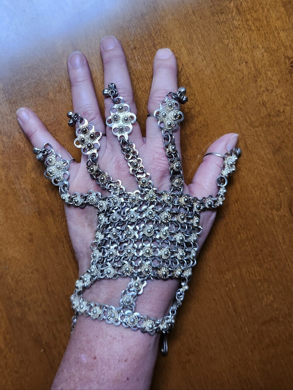 Vintage Silvertone Five Finger Chainmail Slave Bracelet